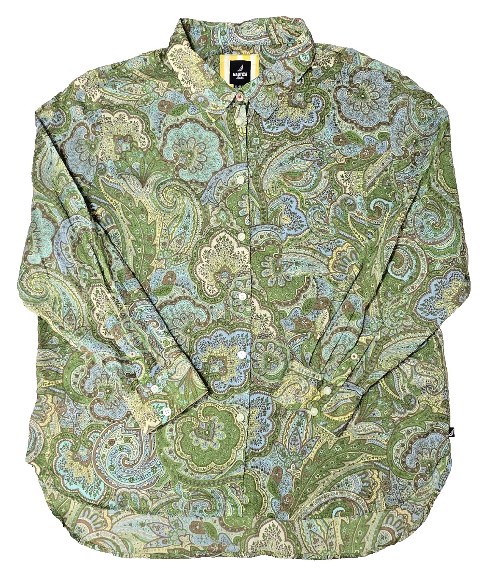 Nautica Jeans Co. Paisley Button Down Shirt XL Men's Long Sleeve Green Blue